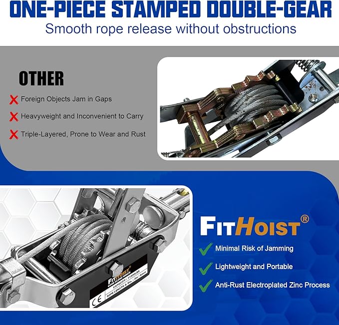 5-Ton Come Along Winch Heavy Duty 11.5ft Steel Cable Come Along Cable Puller with 3 Hooks Dual-Gear Come Along Tool for Vehicle Rescue & Automotive Hoisting