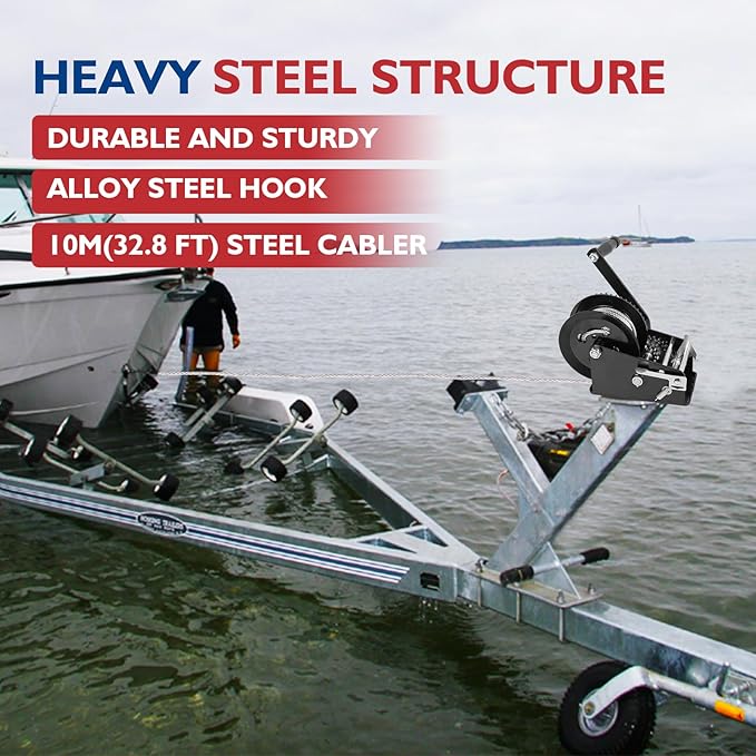 Heavy Duty Boat Trailer Winch – 3500LB Manual Hand Crank Winch with 32.8ft Steel Rope, Two-Speed (4:1 & 8:1), Powder Coated – for Boat, ATV, Utility Trailers