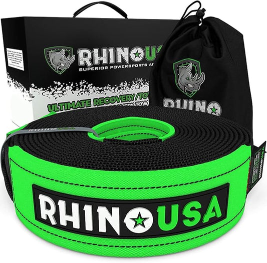 Rhino USA Recovery Tow Strap (4" x 30') - 40,320lb Break Strength - Emergency Recovery Strap Tow Rope for Diesel Trucks, Backhoe, Excavators & More - Heavy Duty Towing Strap for Offroad 4x4 Use