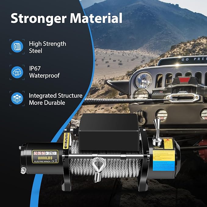 8000LBS electric winch kit, 8000LBS ATV winch UTV Truck winch, 12V winch 8000LBS Steel Cable Winch, with Wireless and Hand Remote Controller & Control Box Assembly & 4-way Roller Fairlead