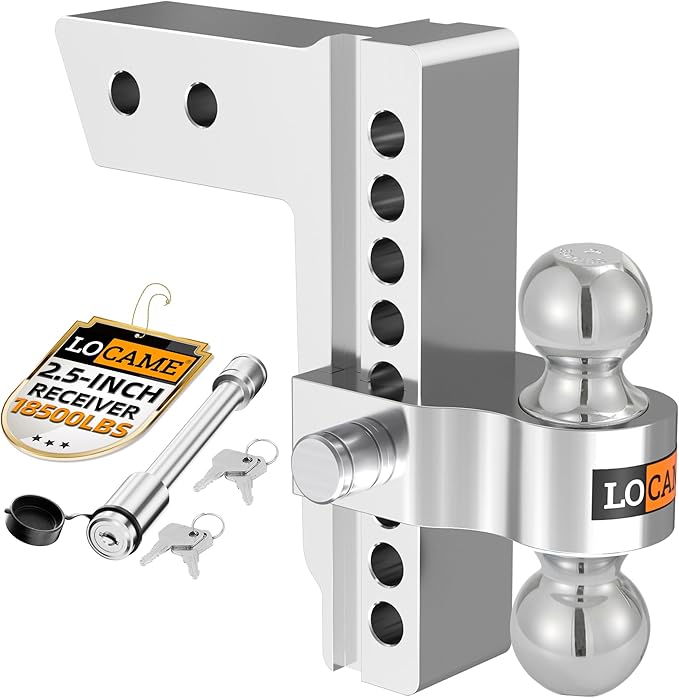 LOCAME Adjustable Trailer Hitch, Fits 2.5-Inch Receiver Only, 8-Inch Drop/Rise Aluminum Drop Hitch, 18,500 LBS GTW-Tow Hitch for Heavy Duty Truck with Double Stainless Steel Locks, Silver, LC0008