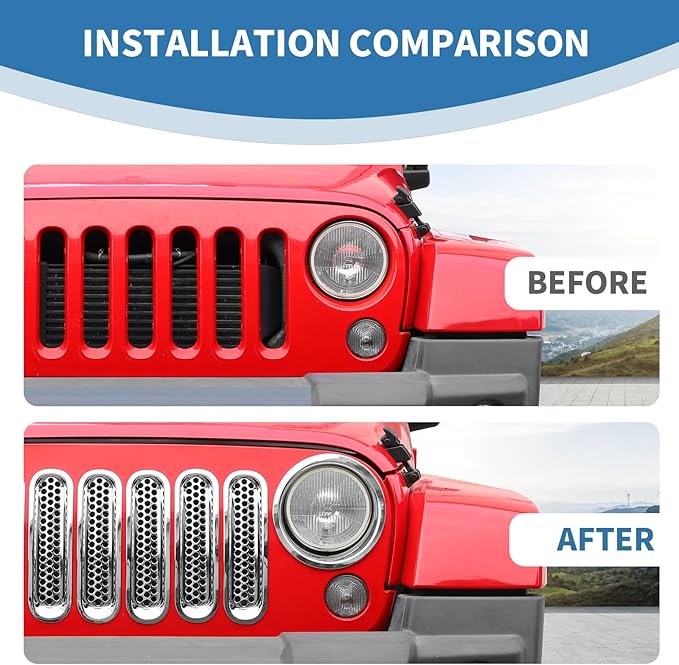 for Jeep JK Front Grille Inserts & Headlight Cover Trim Ring for Jeep Wrangler JK JKU 2007-2017 Chrome Exterior Accessories 9pcs
