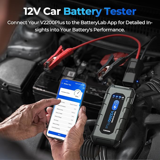 Car Battery Jump Starter and Battery Tester TOPDON 2-in-1 2200A Peak Jump Starter for Up to 8L Gas/6L Diesel Engines 12V Portable Booster and Tester