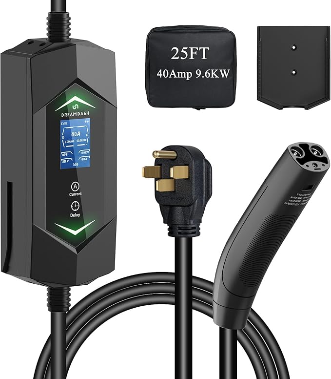Level 2 Ev Charger for Tesla,NACS Ev Charger with 25ft ETL Listed Cord,6A-40A Adjustable Amps,40A 9.6KW Fast Charging(110v-240v),NEMA 14-50 Plug,IP66 Waterproof Delay Timer LCD Display