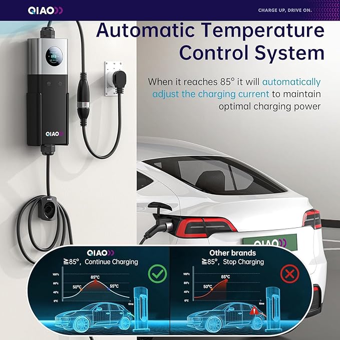 QIAO 40A Portable EV Charger & Mobile EV Charger Level 2, Replaceable Plug (NEMA 14-50 & More), Max 9.6kW Wall-Mount Power, J1772, 25ft Cable, 2.8" LCD for Home & Travel