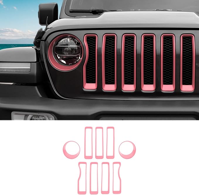 Grille Grill Insert+Headlight Turn Light Cover Compatible with 2018-2023 Jeep Wrangler JL JLU Sport/Sport S Only,Not for Sahara,Rubicon 4xe(Pink)