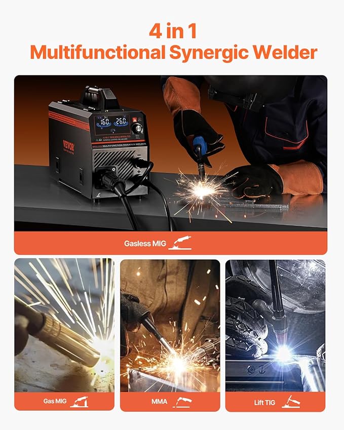 VEVOR MIG Welder, 160A Synergic Mig Welding Machine, 4-in-1 Gas MIG/Flux Core MIG/Stick/Lift TIG Multi-Process Welder Machine, 110V/220V Dual Voltage Mig Welder with IGBT Inverter & LCD Screen Display