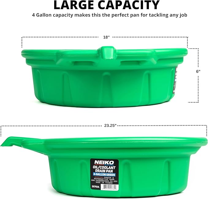 NEIKO 20761A Large Coolant/Oil Drain Pan, 4 Gallon (16L) Capacity, Antifreeze Green Plastic Anti Splash Oil Pan, Motor Oil Drip Catcher Pan, Non Spill Pour Spout, Oil Catch Pan for Changing Oil