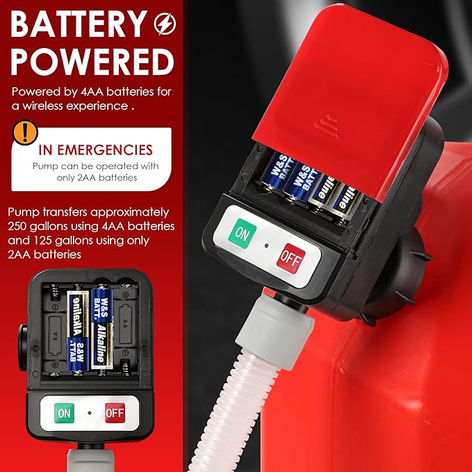 FPOWER Automatic Fuel Transfer Pump - AA Battery Powered, Gas Pump With Quick Flow Control & Stop, Extra Long Hose, Portable for Oil, Diesel, Gasoline