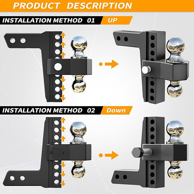 LOCAME Adjustable Trailer Hitch, Fits 2-Inch Receiver, 8-Inch Drop/Rise Aluminum Drop Hitch,12,500 LBS GTW-Tow Hitch for Heavy Duty Truck with Double Stainless Steel Locks, Black, LC0018