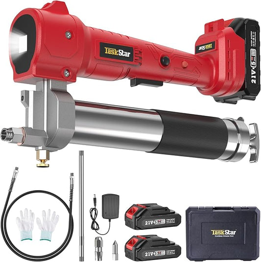 Electric Grease Gun Cordless10000 PSI, Grease Gun Kit with 2×2.0Ah Batteries & Charger, 39.4" Flexible Hose & LED Light for Tractors Trucks Trailers Heavy Equipment Maintenance (Red)