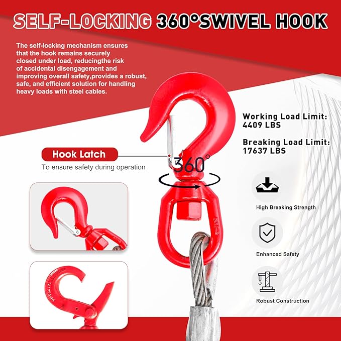 Steel Winch Cable,3/8" x 75' Wire Rope with Swivel Hook,17637 Lbs Breaking Strength,6x19 Strand Core Steel Towing Cable for Tow Truck,Crane,Wrecker