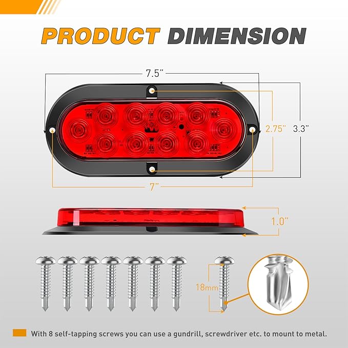 GOOACC 6Inch Oval Tail Light 2PCS Red 10LED Brake Stop Turn Signals Lights Surface Mount IP67 Waterproof for Trailer Truck RV Tractor Lorry Camper Van