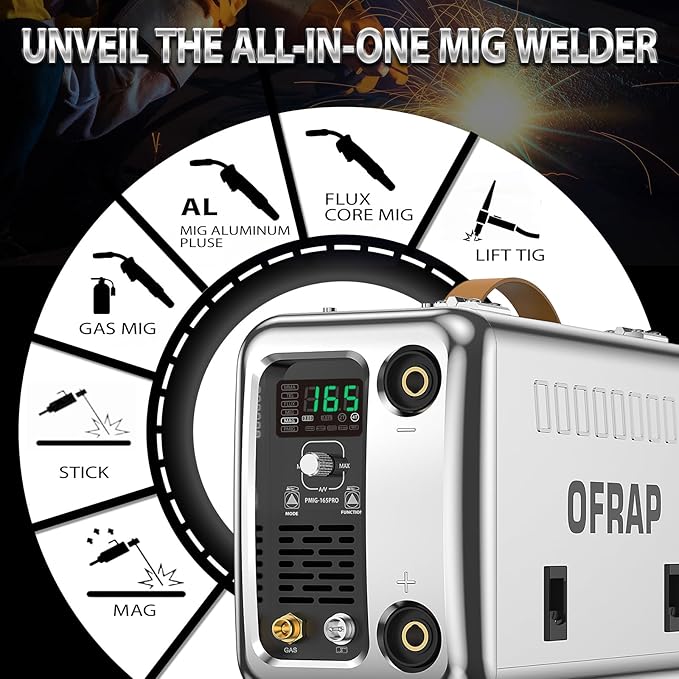 Aluminum MIG Welder, 110/220V MIG Welding Machine165A, 6-in-1 Flux core/Gas Mig/Mag/Stick/Lift Tig/Mig Aluminum Multi-process Welder Machine with Unique Stainless Steel Shell Design