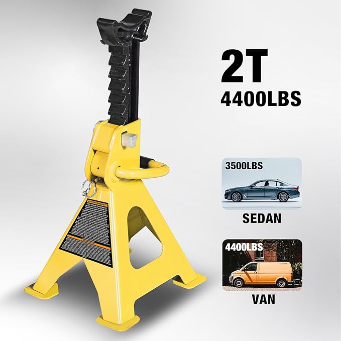 YELLOW JACKET 2 Ton Jack Stands with Double Locking and Large Foot Base for Lifting Car, Heavy Duty Steel, 4,400 lb Capacity, Yellow, 1 Pair