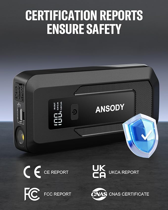 3000A Peak Car Jump Starter(Up to 10L Gas or 8L Diesel Engine), Battery Booster with Jump Leads, Built-in LED Floodlight & SOS, -20℃ Cold Cranking, Jump Box for 12V Pickup SUV Motorcycle