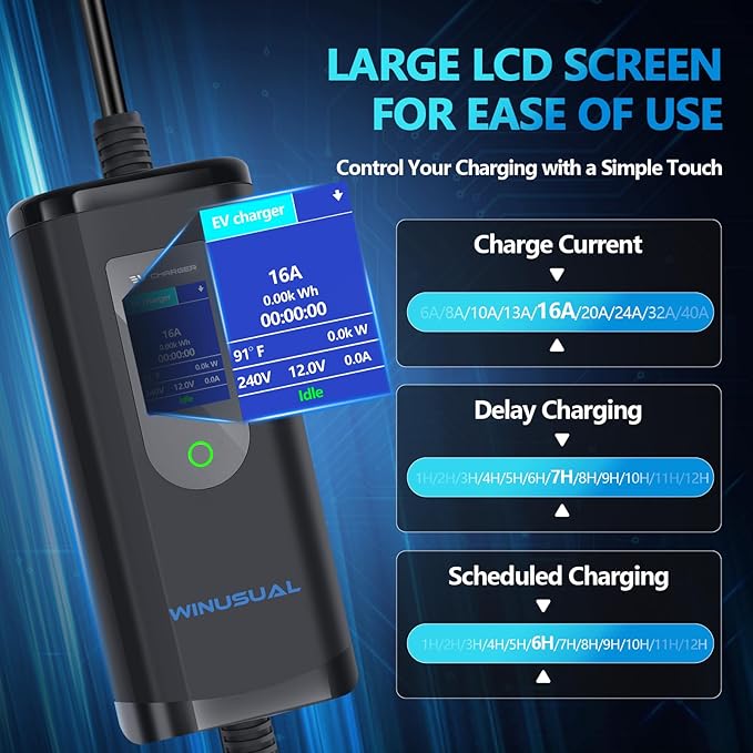 Portable Level 1 and 2 EV Charger,16A 110-240V with Fix Time Charge, 20FT Cable, NEMA 6-20 Plug and NEMA 5-15 Adapter, SAE J1772 EV Electric car Charger, Current Adjustable(NOT for Tesla)