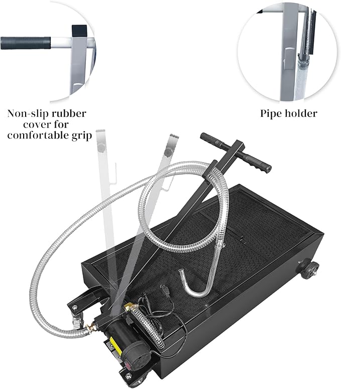 25 Gallon Oil Drain Pan with Electric Pump, Low-Profile Oil Pans for Changing Oil, T-Handle and J-Hook Makes Drain Easier, Black