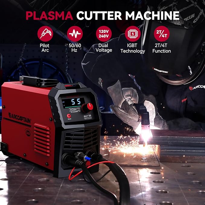 ARCCAPTAIN 55A Plasma Cutter, Large LED Display, Non-Touch Pilot ARC Plasma Cutting Machine, 120/240V Dual Voltage IGBT Inverter, 1/2" Clean Cut, Post Flow, 2T/4T, for Beginners DIY