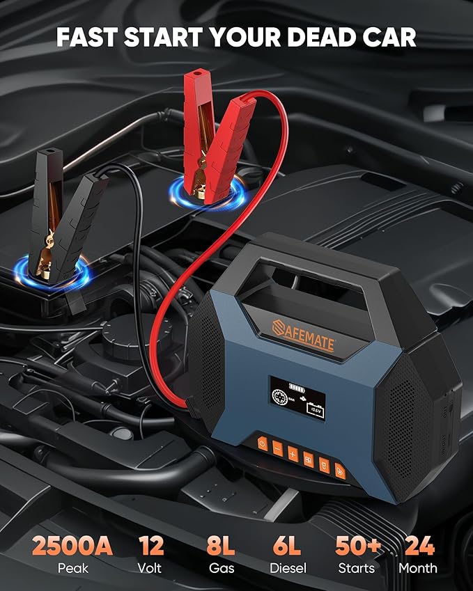 2500A Car Jump Starter with Air Compressor - 120PSI Tire Inflator, 40W Fast Charging, 48.84Wh Portable Power Bank, Voltage Tester for 8L Gas/6L Diesel Engines