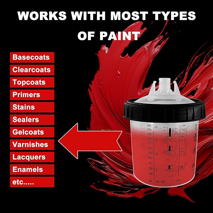 RRJ Disposable Paint Cup Spray Gun Cup, Paint System for LVLP and HVLP Spray Gun Kit 600 ML Mixing Cup with 50 Cups Liners and Lids, 1 Hard Cup with Retainer Ring, 2 Cup Adapter, Stirrer