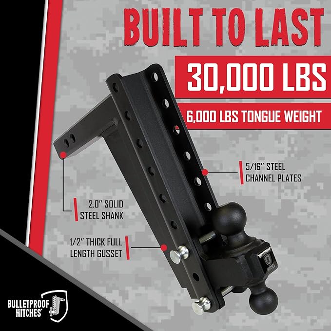BulletProof Hitches - 2.0" Adjustable Extreme Duty Trailer Hitch (30,000 lb. Rating) - 12" Drop/Rise with 2" and 2 5/16" Dual Ball - Powder Coat, Solid Steel, Corrosion-Resistant