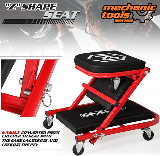 M-AUTO 40-Inch Folding Creeper Rolling Seat, All-in-One Adjustable Roller Garage Chair, Lay Down or Sit, 330LBS Capacity Under Car Roller Creeper with 6 Swivel Casters, Red