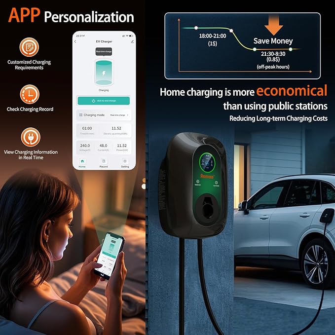 Level 2 EV Charger Hardwired 48 Amp J1772 Charger - 240V Home EV Charging Station - ETL Listed, FCC Part 15 - NEMA Type 4 IP66 - App WiFi Smart Display, 25 ft, 4.3 inch LCD, Gray