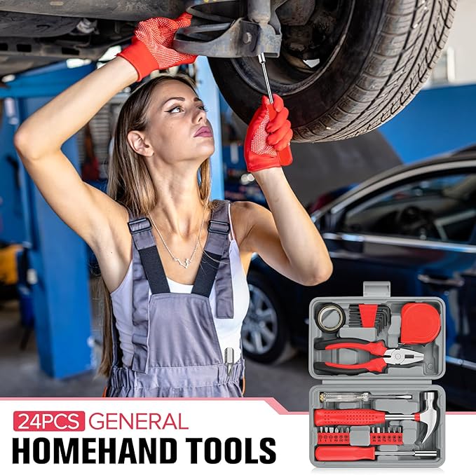 24 Piece Small Tool Kit for Men and Women, Mini Hand Tool Set with Storage Box for Home, DIY, Office, Garage(Red)