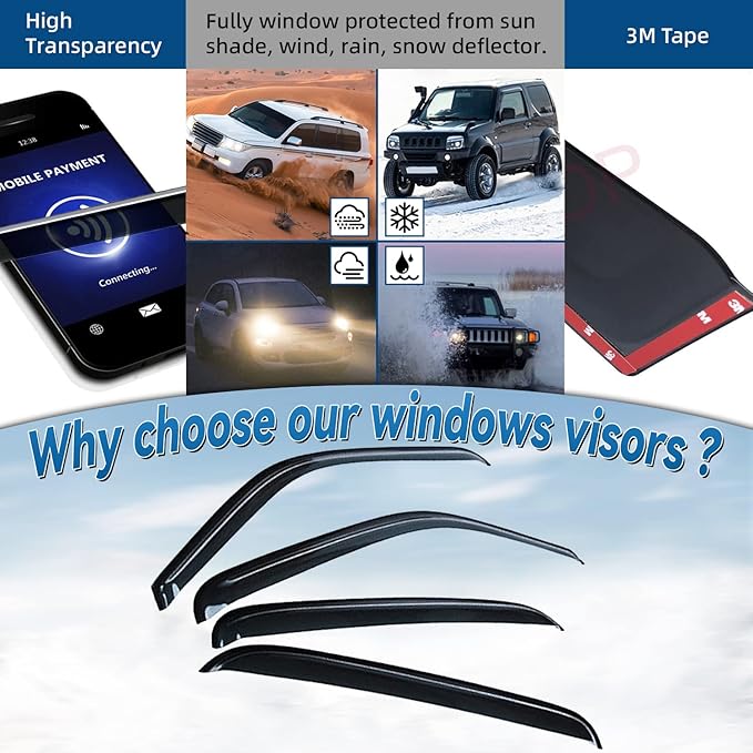 4pcs Window Visors Compatible with Tahoe Yukon 2000-2006 Compatible with Escalade Base 2002-2006 Front+Rear Smoke Sun/Rain Guard Outside Mount Tape-On