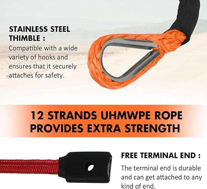 3/8" x 60ft Synthetic Winch Rope 19,854lbs Dyneema Winch Cable Line with Hook and Sleeve Protection Car Tow Recovery Cable for 4WD Off Road Vehicle SUV Truck(Orange-Slim)