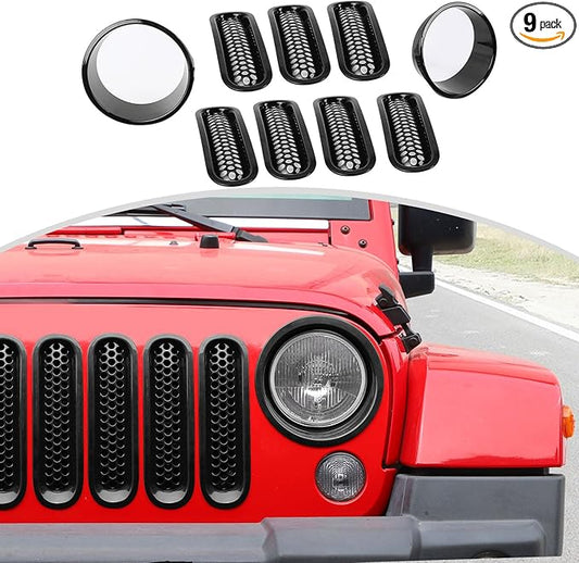 CheroCar for JK Mesh Grille Grill Insert & Headlight Cover Trim Exterior Accessories for Jeep Wrangler JK 2007-2017,Black…