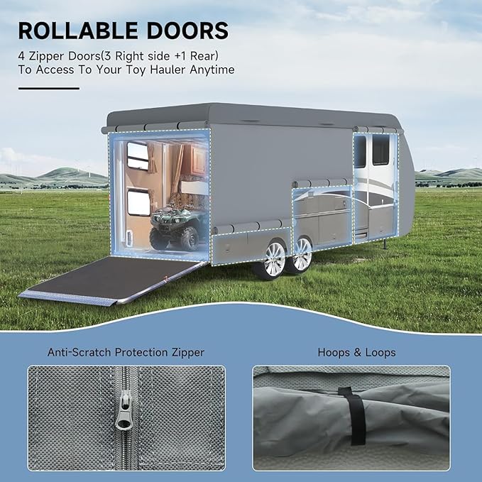 VINPATIO RV Cover : 7 Layers Heavy Duty Travel Trailer Cover, Toy Hauler Cover Fits 33'-35' Camper Cover with Extra Windproof Straps, Tongue Jack Cover, Gutter Covers