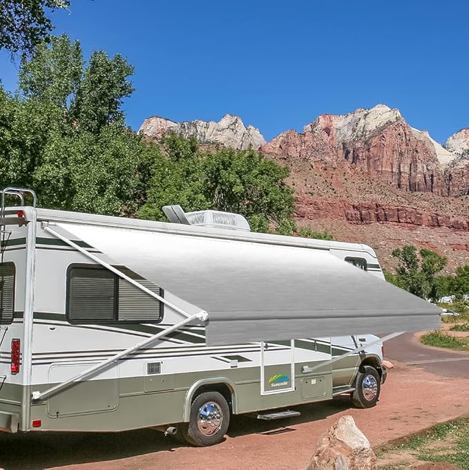 Suncode Manual RV Awning White Modular Retractable Awning Complete Kit for RV,5th Wheel,Travel Trailers,Toy Haulers,Motorhome RV Trailer Awning for Home or Camper-14x8Ft-Sliver Fade