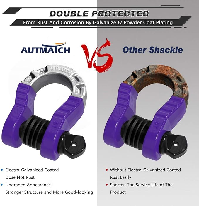AUTMATCH D Ring Shackles 3/4" Mega Shackle (2 Pack) 68,000Ibs Break Strength - Heavy Duty Clevis Shackles with 7/8" Screw Pin and Isolator Washer for Tow Strap Winch Off Road Vehicle Recovery, Purple