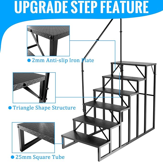 RV Stairs 6 Step Ladder, RV Steps Anti-Slip, Hot Tub Steps with Handrail, 660 lbs RV Ladder for 5th Wheel RV, Mobile Home Stairs