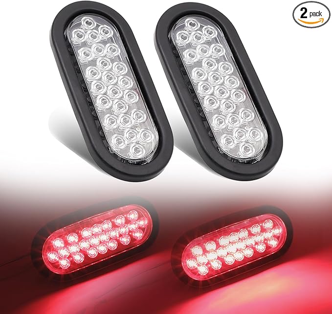 6 Inch Oval Clear Lens Red 24 LED Stop Brake Signal Lights Clearance Lamp Universal for Trailer Truck Pickup Mack Flatbed Tail Marker Bulbs 12v DC (2 Pcs)