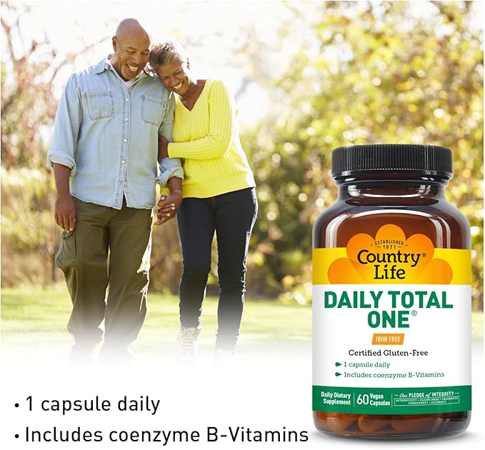 Country Life Daily Total One Multivitamin, Iron Free Once a Day Multivitamin & Multimineral Complex, Vitamins A, C, D, Including Coenzyme B-Vitamins, Supports Energy Metabolism, 60 Vegan Capsules