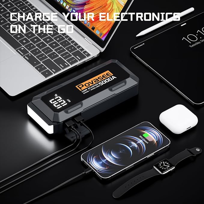 Povasee Car Battery Jump Starter 5000A Jump Box (All Gas/10L Diesel) Portable Car Jump Starter Battery Pack, 12V Jumper Starter Portable 3" LCD Display/Power Bank/Dual Output/LED Light DC