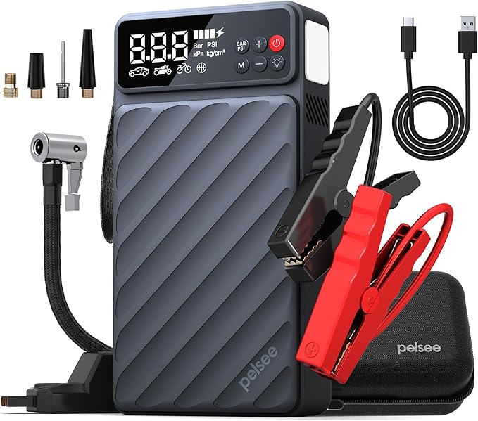 Pelsee 3500A Jump Starter with Air Compressor, 20000mAh Portable Car Battery Jump Starter, 45W Fast Charge, 12V Battery Pack(10L Gas 8L Diesel Engine)with Tire Pressure Monitor, Light,Jumper Cables,E1