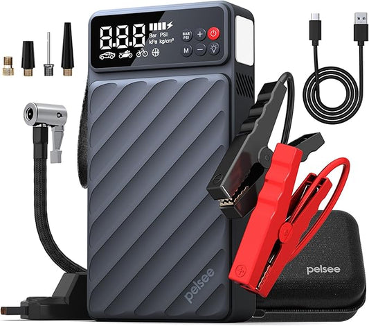 Pelsee 3500A Jump Starter with Air Compressor, 20000mAh Portable Car Battery Jump Starter, 45W Fast Charge, 12V Battery Pack(10L Gas 8L Diesel Engine)with Tire Pressure Monitor, Light,Jumper Cables,E1
