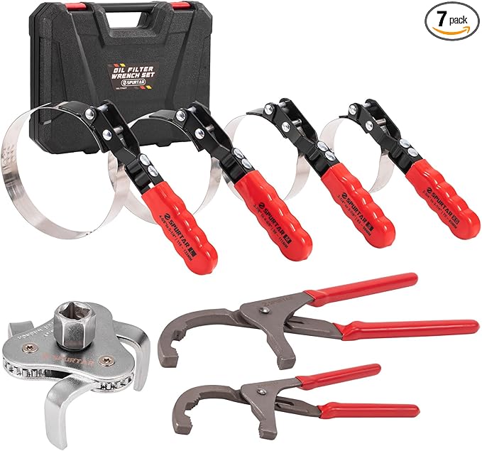 Spurtar Swivel Oil Filter Wrench Set of 7, Adjustable Wrench 2-3/4" to 5-1/4" (70-133mm), 9" & 12" Universal Oil Filter Pliers, 3-Jaw Oil Filter Removal Tool for 4S Shop Auto Repair Mechanic DIY