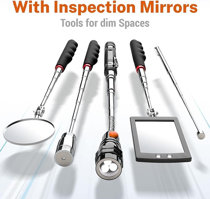 Telescoping Magnetic Pickup Tool Set with 1 & 15 lb Pick Up Sticks, Round and Square Adjustable Inspection Mirror and Flexible LED Flashlight, Christmas Stocking Stuffers for Men Adults, Gifts for Him