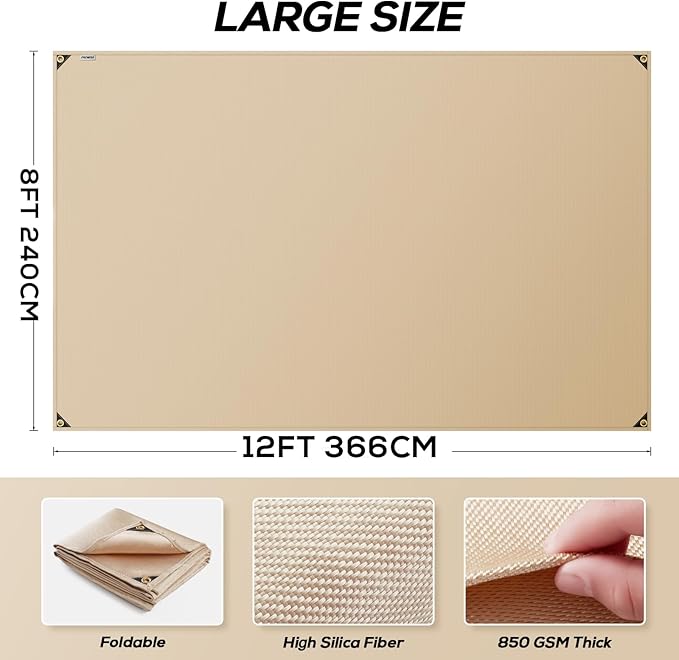 Heavy Duty Fiberglass Welding Blanket, Heat Resistant Blanket with Brass Grommets, Multi-Purpose Welding Mat for Professional and Heavy-duty Welding, Cutting, and Other Uses(8x12 ft)