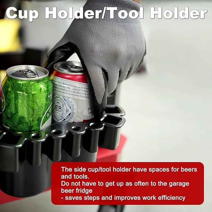 Rolling Shop Stool with Wheels, Adjustable Garage Mechanic Stool Seat Shop Roller Work Chair Mobile Rolling Seat with Tool Tray, 2 Cup Holders, 4" Casters, 350 LBS, Heavy-Duty, Red