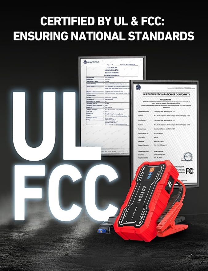 AstroAI S8 Pro Car Battery Jump Starter, 3000A Peak Jump Starter Battery Pack for Up to 9.0L Gas & 7.0L Diesel Engines, 12V Portable Jumper Box with 3 Modes Flashlight and Jumper Cables, Red