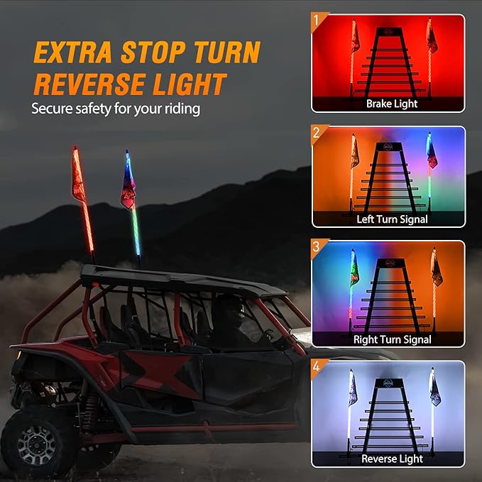 Nilight 2PCS 3FT RGB LED Whip Light, Remote App Control w/DIY Chasing Patterns Stop Turn Reverse Lighting Modes Safety Lighted Antenna for ATV UTV Polaris RZR Can-am Dune Buggy Jeep