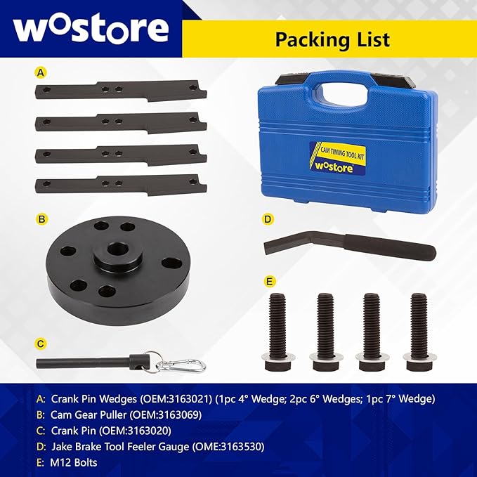 Wostore Cam Timing Tool Kit 3163021 with Jake Brake Adjustment Tool 3163021 7MM Feeler Gauge Compatible with Cummins ISX ASX X15 Engine (2007-2017), 3163020 Crank Pin and 3163069 Puller(16PCS)