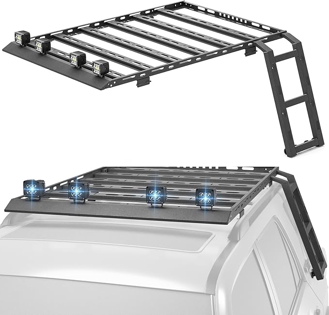 Roof Rack Cargo Basket with 4 LED Light Bars & Ladder Compatible with Toyota 4Runner / Land Cruiser & Prado 4 Doors Hardtop Cargo Carrier, Rooftop Luggage Storage Holder Cargo Racks