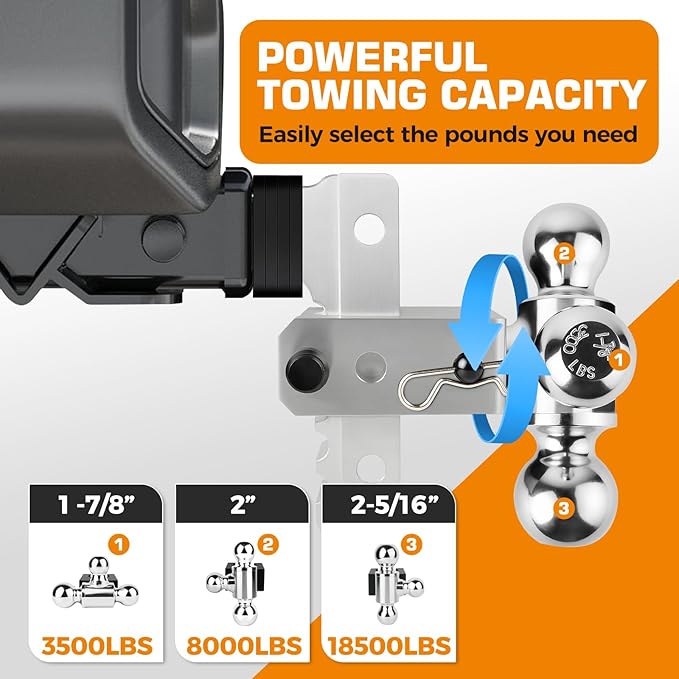Kingfun Adjustable Trailer Hitch - Drop Hitch 2.5 Inch Receiver, 6 Inch Drop/Rise Tow Hitch, Tri Ball (1-7/8" & 2" & 2-5/16" Balls), 18500 Lbs Gtw, Aluminum Heavy Duty Hitch with Anti-Theft Pins